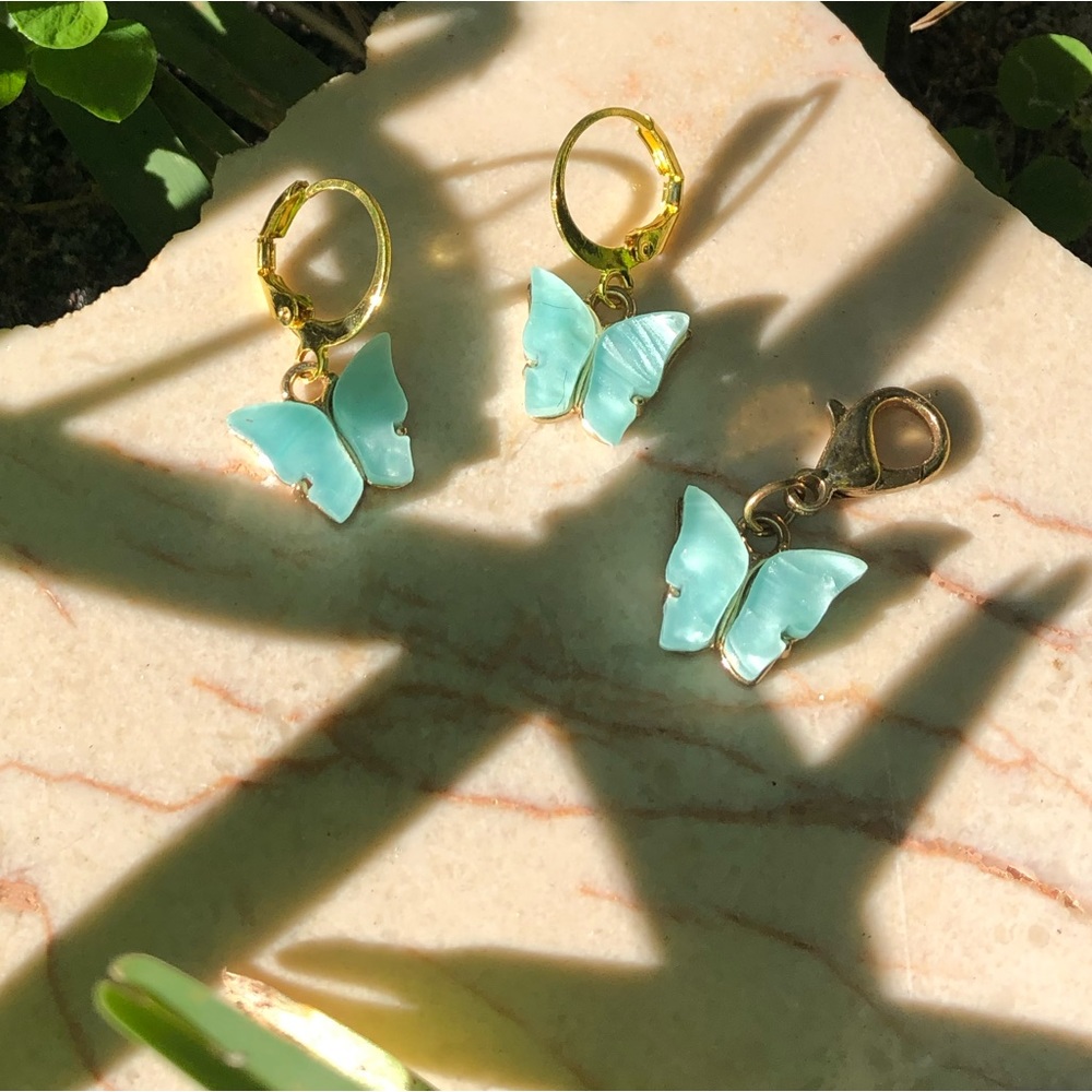 Handmade butterfly huggie gold earrings light blue and matching charm set